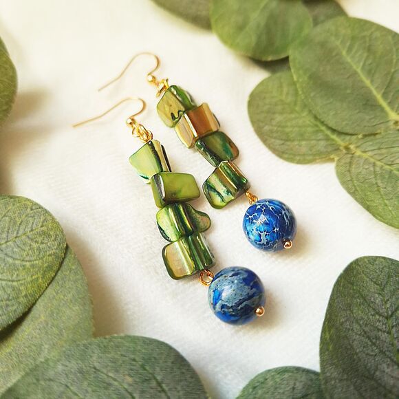 Green Shell Jasper Drop Earrings: Gold Plated Stainless Steel Hooks - Picture 6 of 15